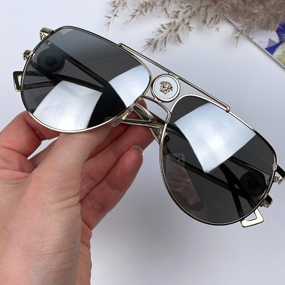 Versace VE2225 12526G Sunglasses Aviator Gold Gray Metal Mirrored Unisex